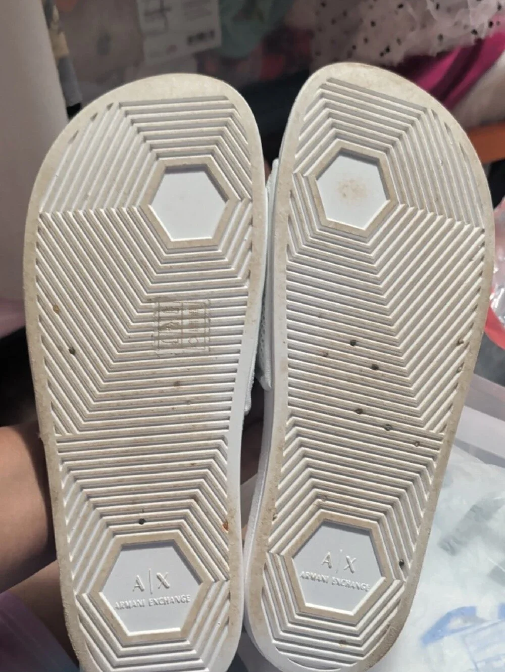 Men's Size 9.5 Armani Exchange White Slides with Bold Black Logo Strap